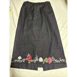 Denim & Co. Black Denim Skirt Embroidered Floral Detail Black Sz Large Boho 90s